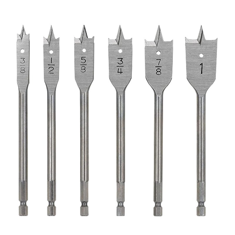 FOITECHY (6pcs) Spade Drill Bits3/8“-1”,Hex Shank Drill Bit Set,Hole Cutter, Titanium Coating, Carbon Steel Heavy Duty Sturdy Woodworking Flat Boring Drill High Carbon Steel Paddle Silver - Image 1